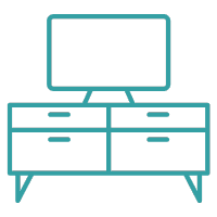 Line art icon of a TV console, representing our bespoke entertainment unit designs.