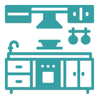 Line art icon of kitchen cabinets, representing our modular kitchen design service in Hyderabad.