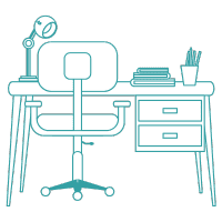 Icon of a modern desk and chair, representing our custom study table and home office designs.
