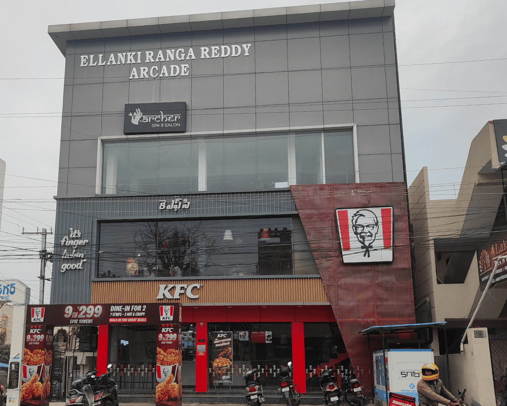 The completed Ellanki Ranga Reddy Arcade in Kapra, a commercial building housing retail and service businesses, built by Nice Design & nice Constructions.