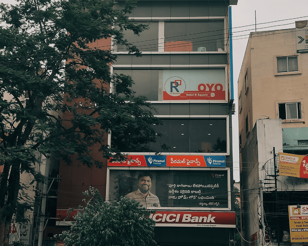The completed RR Dadi Arccade commercial building in ECIL, Hyderabad, a Stilt+5 project designed for retail and hotel spaces.