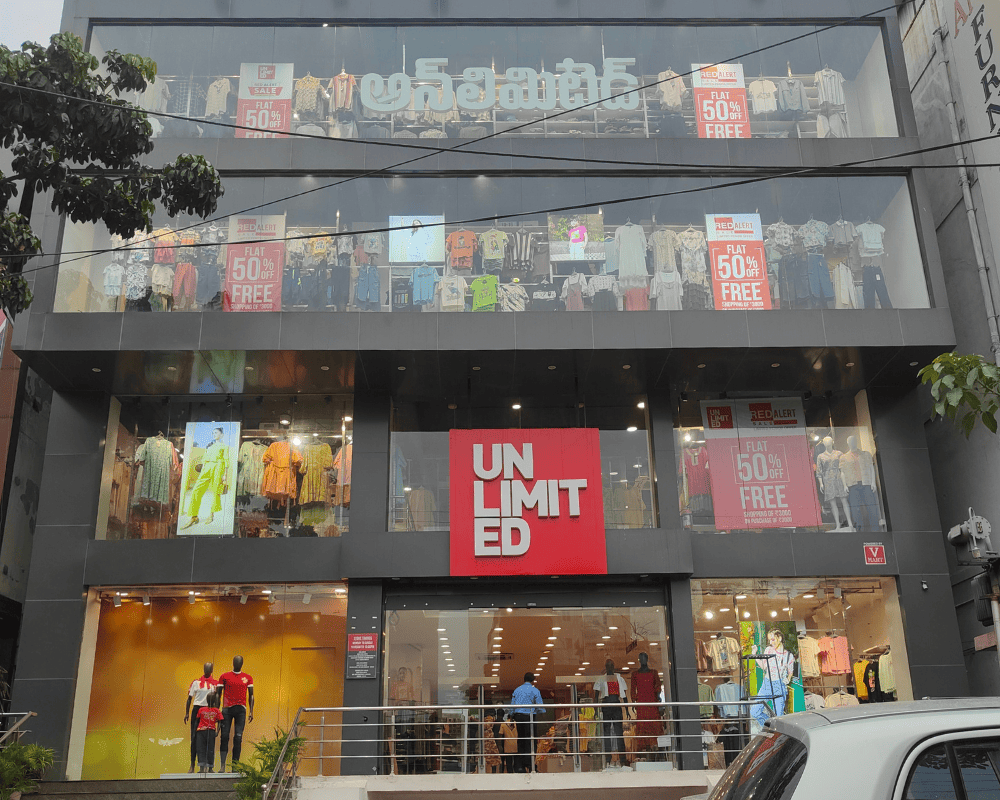 The completed 'Unlimited' fashion retail store in A.S. Rao Nagar, a large-scale commercial construction project by Nice Design & nice Constructions.